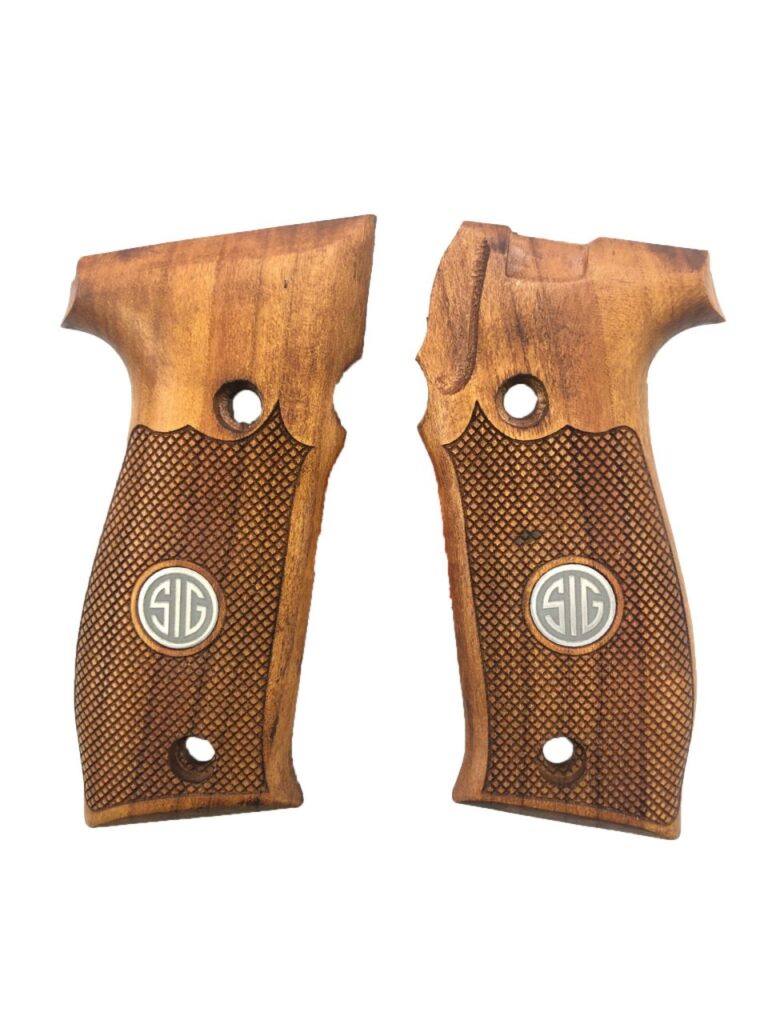 Beretta 92FS Beechwood Grips - Dual Monogram & Eagle Emblems with Crackled Texture