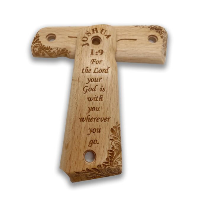 Beech Wood 1911 Grips - Ornate Floral Pattern With Joshua 1:9 - Image 3