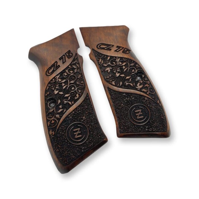 Beech Wood Cz 75 Grips - Ornate Floral With Stippled Emblem And Branding - Image 3