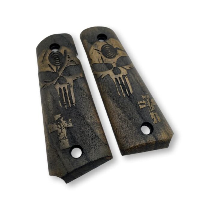 Beech Wood 1911 Grips - Engraved Skull And Cross Design - Image 3