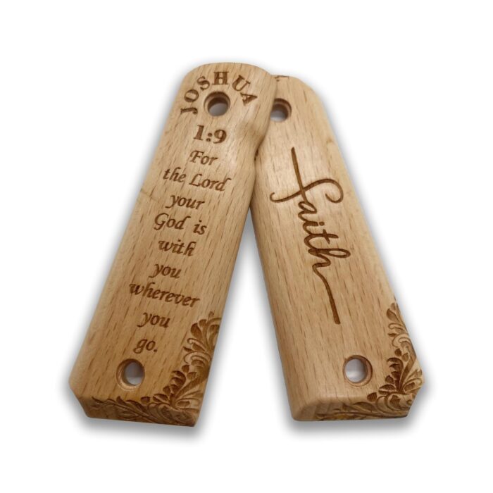 Beech Wood 1911 Grips - Ornate Floral Pattern With Joshua 1:9 - Image 4