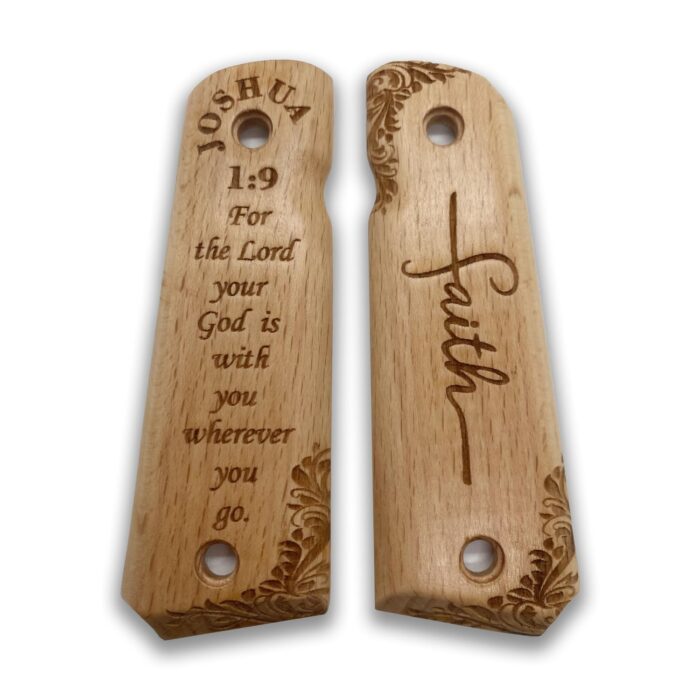 Ornate Floral Pattern With Joshua 1:9 - Beech Wood 1911 Grips