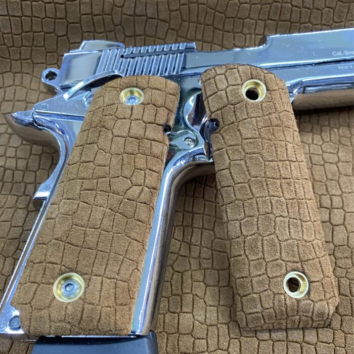 Beech Wood And Leather Grips For 1911 – Textured Alligator Pattern - Image 3