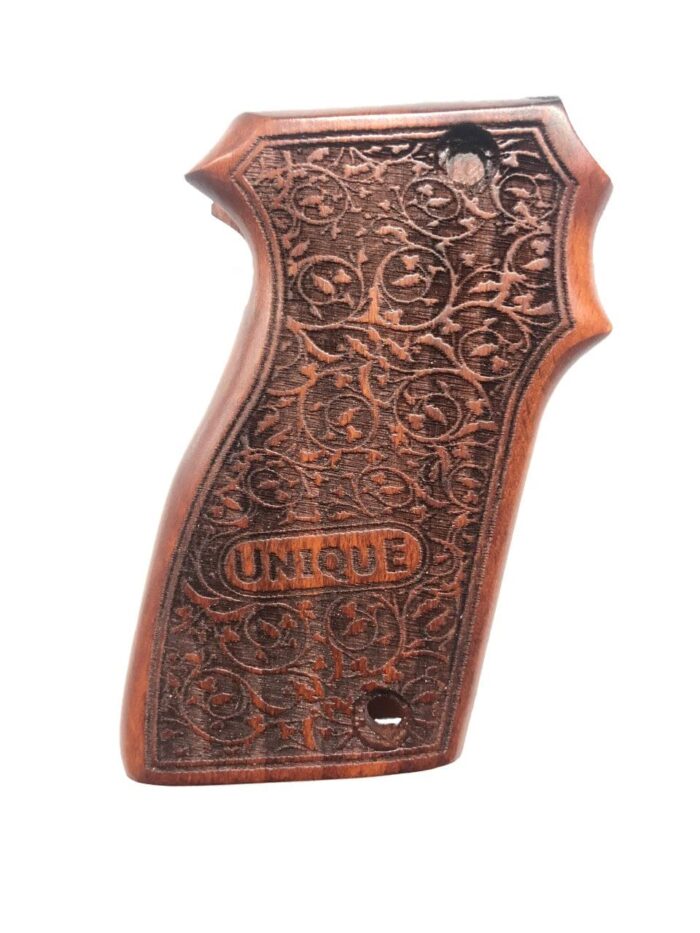 Beech Wood Grip For Unique D Series – Floral Swirl Design With &Quot;Unique&Quot; Label - Image 2