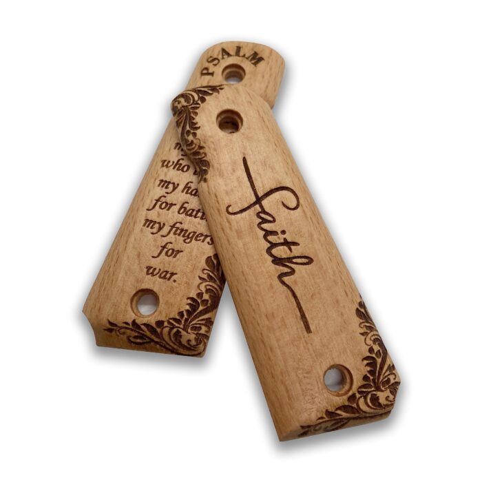 Beech Wood 1911 Grips - Floral Scrollwork With Psalm 144:1 - Image 2