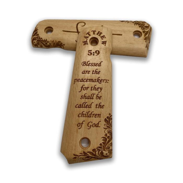 Beech Wood 1911 Grips - Ornate Floral Pattern With Matthew 5:9 - Image 3