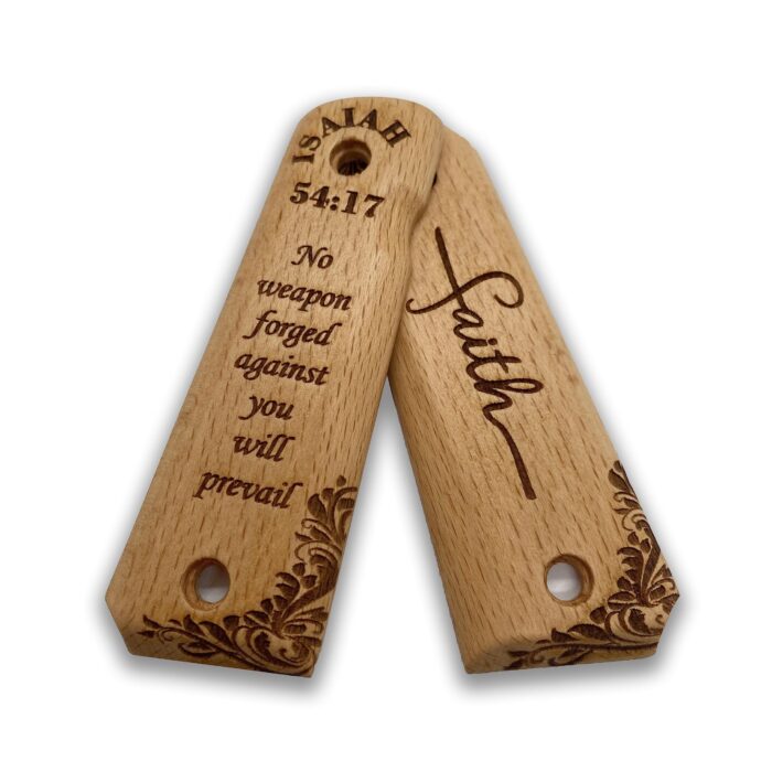 Beech Wood 1911 Grips - Ornate Floral Pattern With Isaiah 54:17 - Image 4