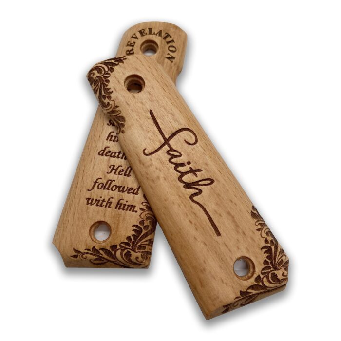 Beech Wood 1911 Grips - Engraved Floral Pattern With Revelation 6:8 - Image 2