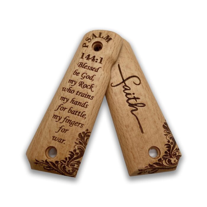 Beech Wood 1911 Grips - Floral Scrollwork With Psalm 144:1 - Image 4