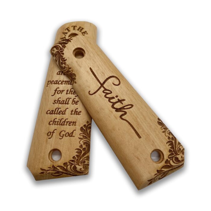 Beech Wood 1911 Grips - Ornate Floral Pattern With Matthew 5:9 - Image 2