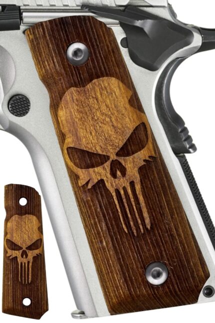 Skull Design with Light Wood Inlay - Beech Wood 1911 Grips