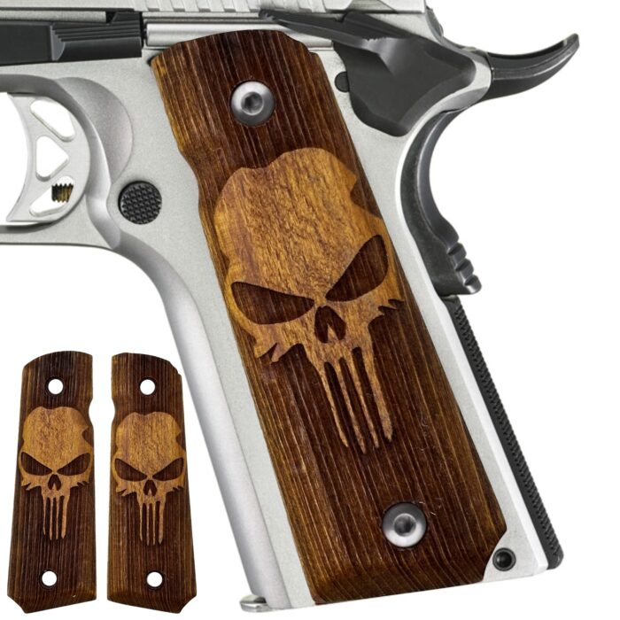 Skull Design With Light Wood Inlay - Beech Wood 1911 Grips
