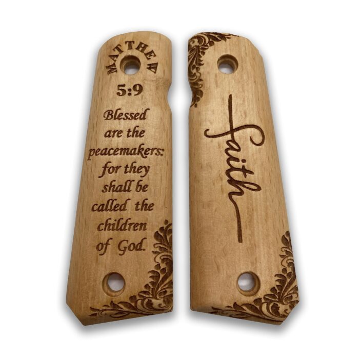 Ornate Floral Pattern With Matthew 5:9 - Beech Wood 1911 Grips