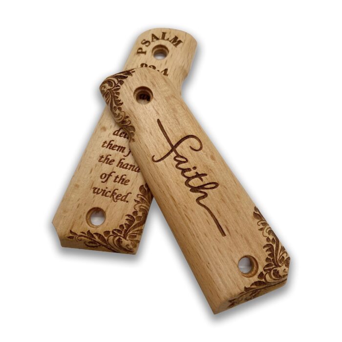 Beech Wood 1911 Grips - Engraved Psalm 82:4 With Floral Border - Image 2