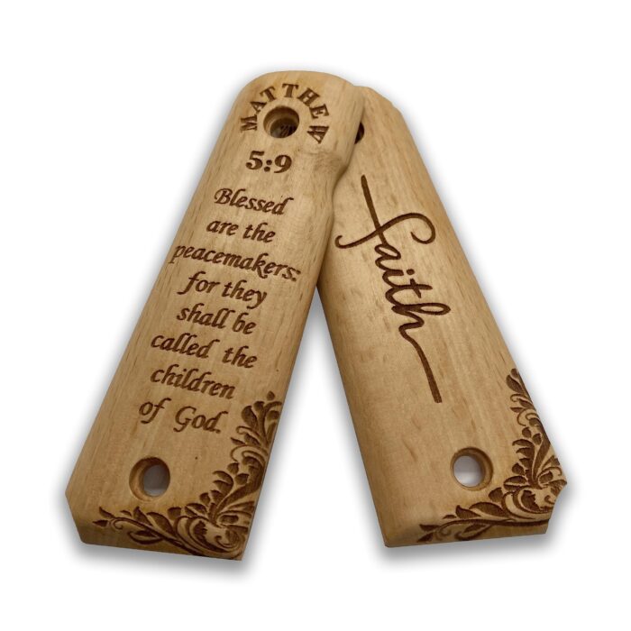 Beech Wood 1911 Grips - Ornate Floral Pattern With Matthew 5:9 - Image 4