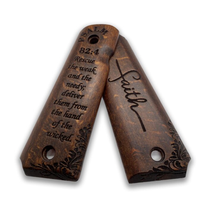 Beech Wood Grips For 1911 – Scrollwork And Inspirational Text - Image 4