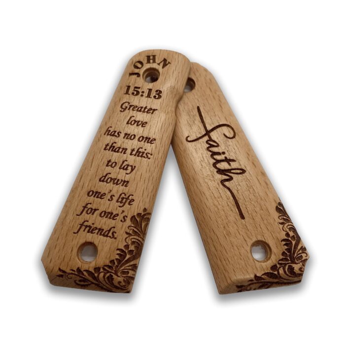 Beech Wood 1911 Grips - Floral Engraving With John 15:13 - Image 4