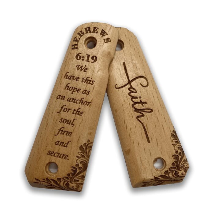 Beech Wood 1911 Grips - Ornate Floral Pattern With Hebrews 6:19 - Image 4