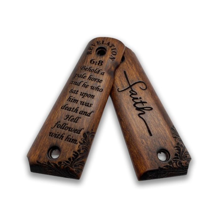 Beech Wood Grips For 1911 – Floral Scrollwork &Amp; Text - Image 4