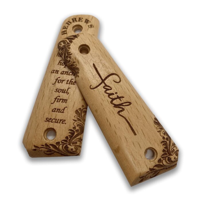 Beech Wood 1911 Grips - Ornate Floral Pattern With Hebrews 6:19 - Image 2
