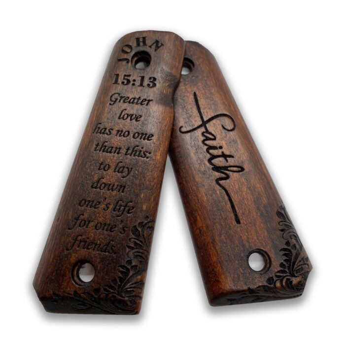 Beech Wood Grips For 1911 – Floral Scrollwork &Amp; Inspirational Text - Image 4