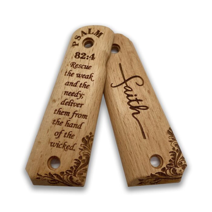 Beech Wood 1911 Grips - Engraved Psalm 82:4 With Floral Border - Image 4