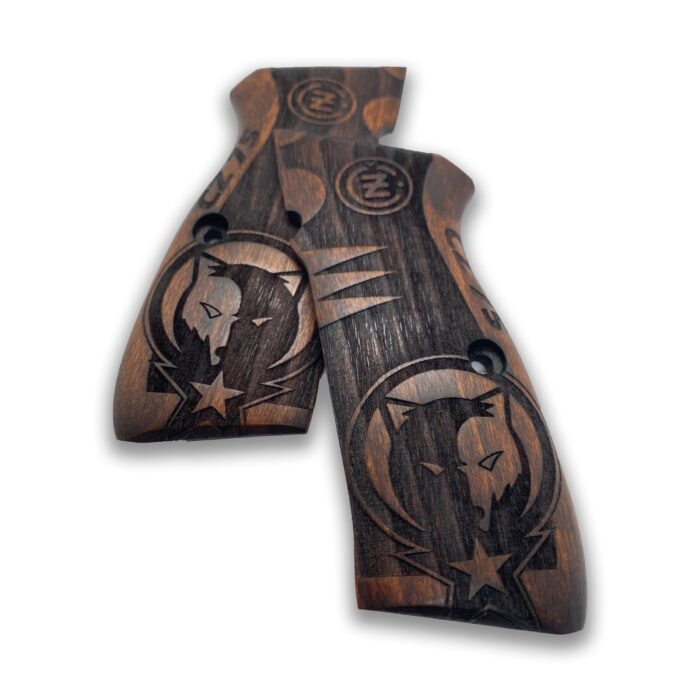 Beech Wood Cz 75 Grips - Wolf Emblem With Distressed Texture - Image 2