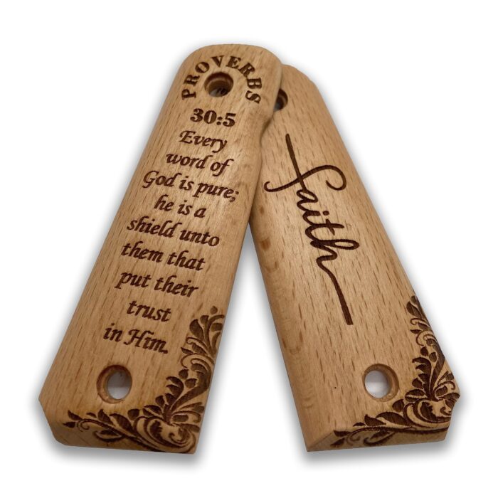 Beech Wood 1911 Grips - Ornamental Scrollwork With Proverbs 30:5 - Image 4