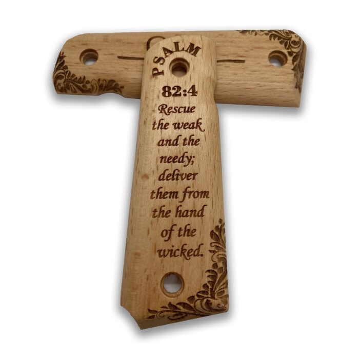 Beech Wood 1911 Grips - Engraved Psalm 82:4 With Floral Border - Image 3