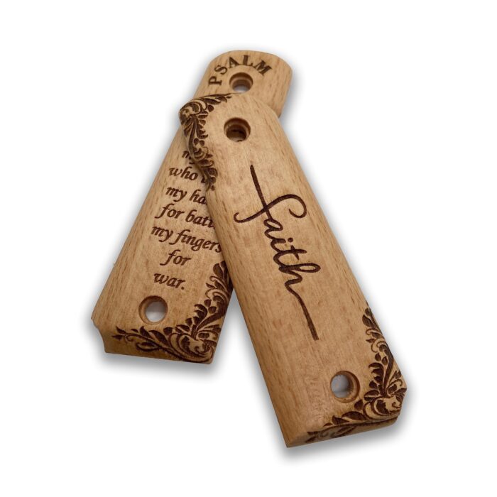 Beech Wood 1911 Grips - Floral Scrollwork With Psalm 144:1 - Image 3