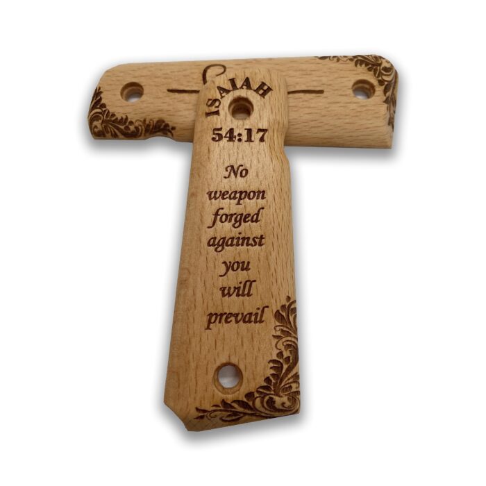 Beech Wood 1911 Grips - Ornate Floral Pattern With Isaiah 54:17 - Image 3