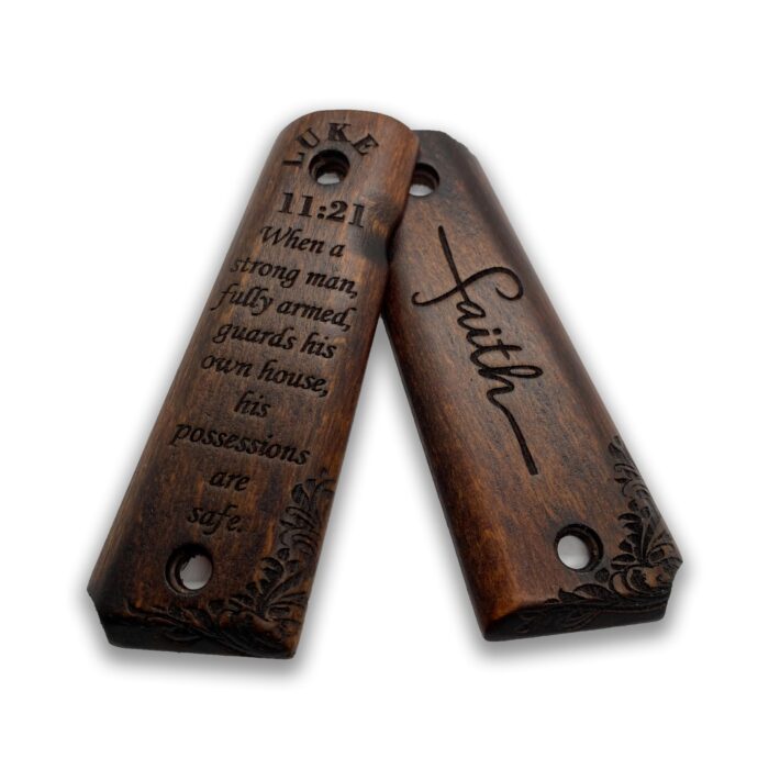 Beech Wood Grips For 1911 – Floral Scrollwork &Amp; Inspirational Text - Image 4