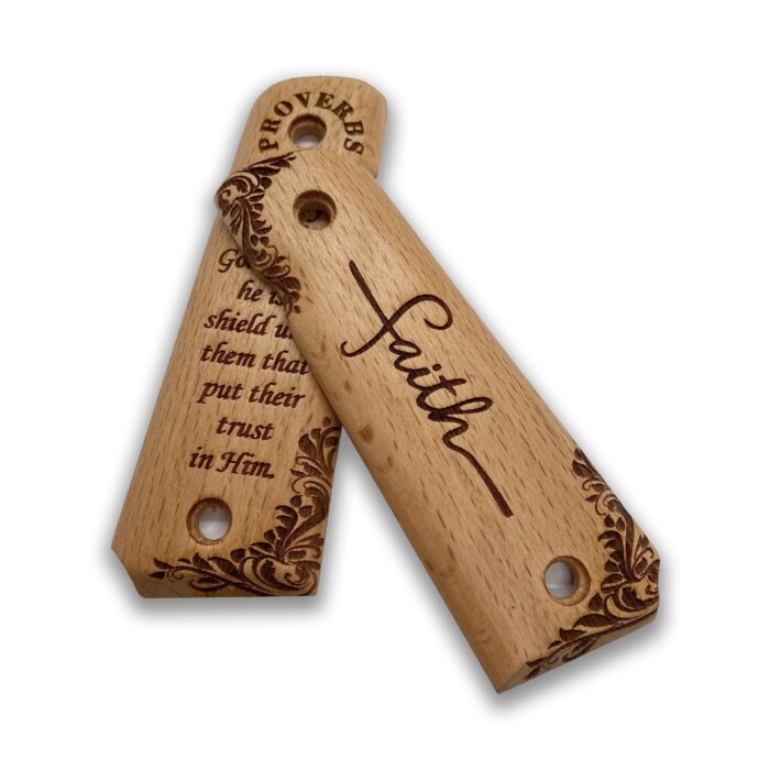 Beech Wood 1911 Grips - Ornamental Scrollwork With Proverbs 30:5 - Image 2