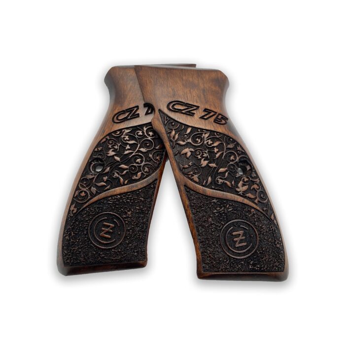 Beech Wood Cz 75 Grips - Ornate Floral With Stippled Emblem And Branding - Image 2