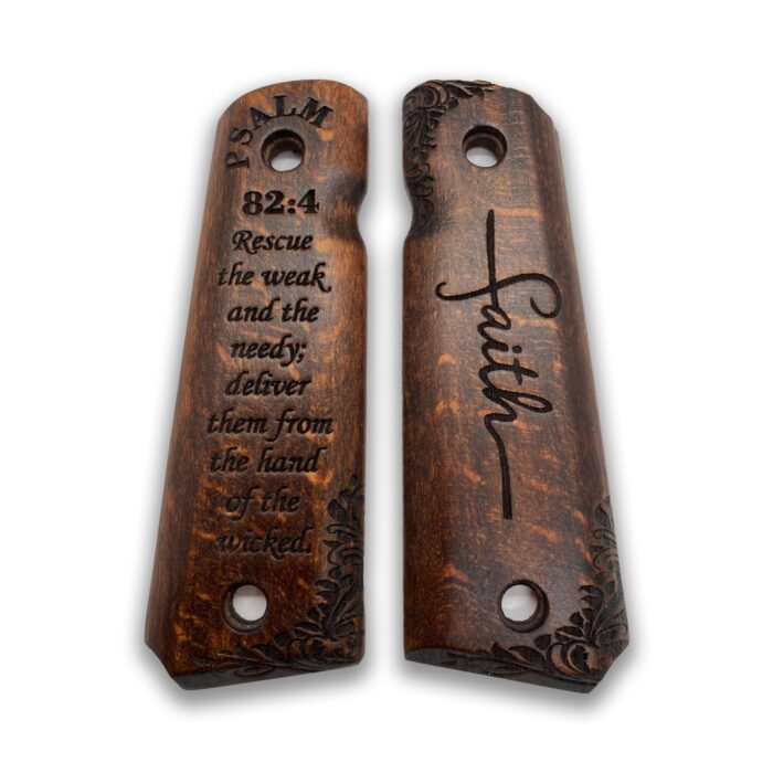Decorative Scrollwork And Inspirational Text - Beech Wood Grips For 1911