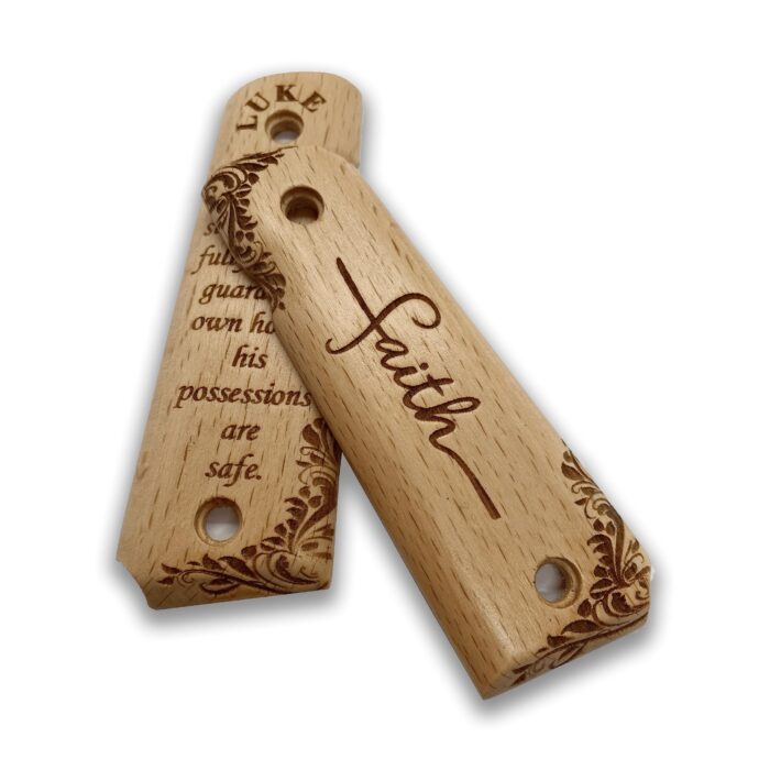 Beech Wood 1911 Grips - Symmetrical Floral Design With Luke 11:21 - Image 2