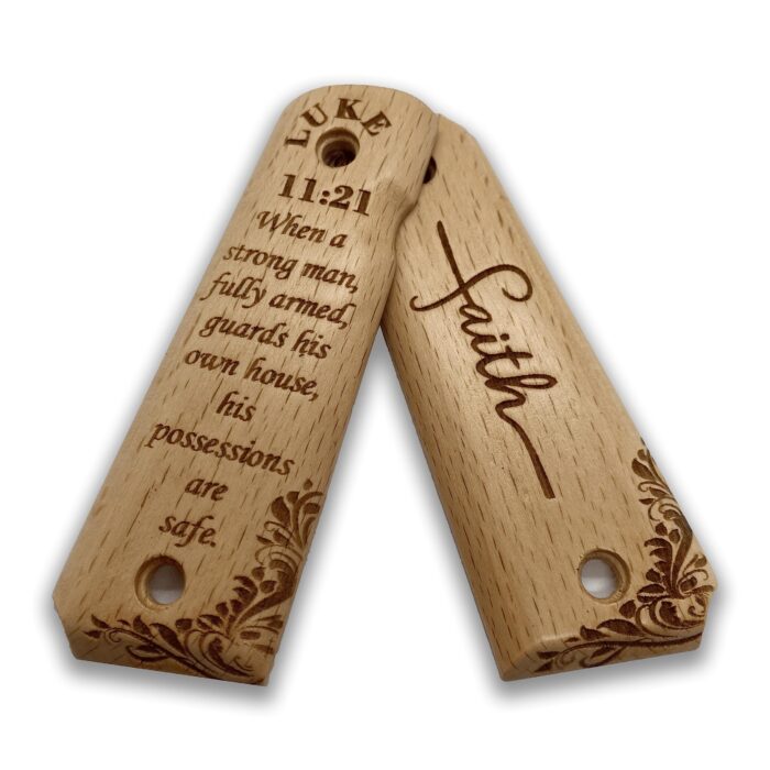 Beech Wood 1911 Grips - Symmetrical Floral Design With Luke 11:21 - Image 4