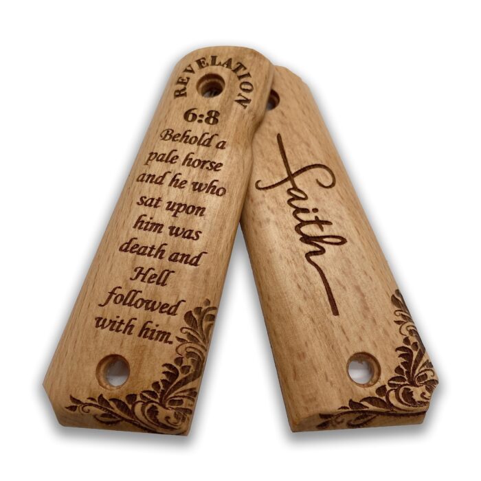 Beech Wood 1911 Grips - Engraved Floral Pattern With Revelation 6:8 - Image 4