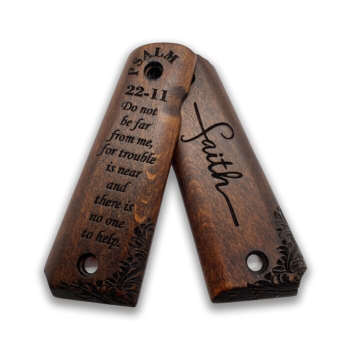 Beech Wood Grips For 1911 – Floral Scrollwork &Amp; Inspirational Text - Image 4
