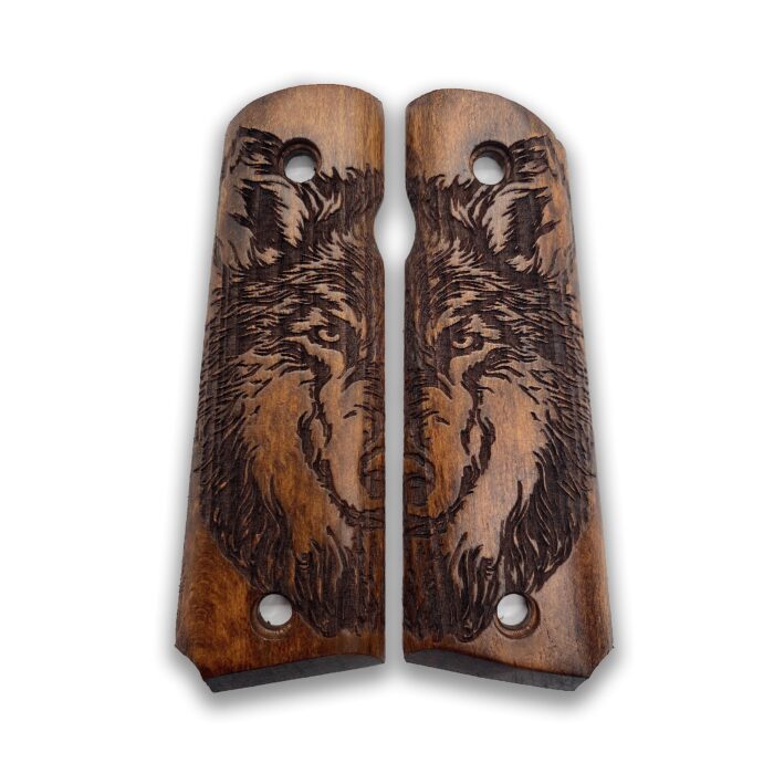 1911 Phantom Wolf Grips - Beechwood With Deep Carving