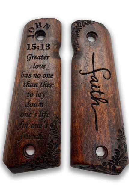 Beech Wood Grips for 1911 – Floral Scrollwork & Inspirational Text