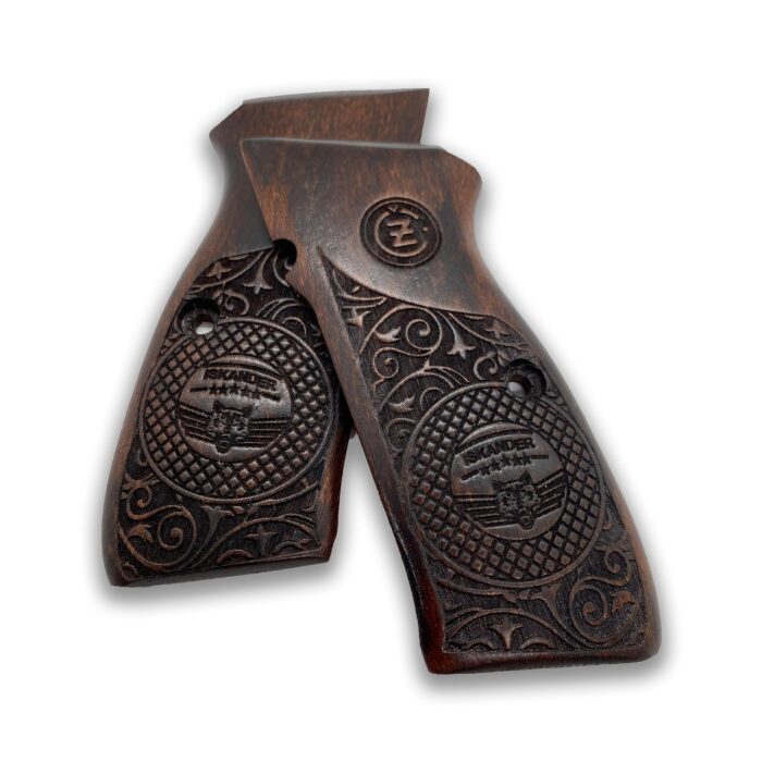 Beech Wood Cz 75 Grips Ornate Scrollwork With Emblem : Transform Your Cz 75 With Stunning Detail - Image 2
