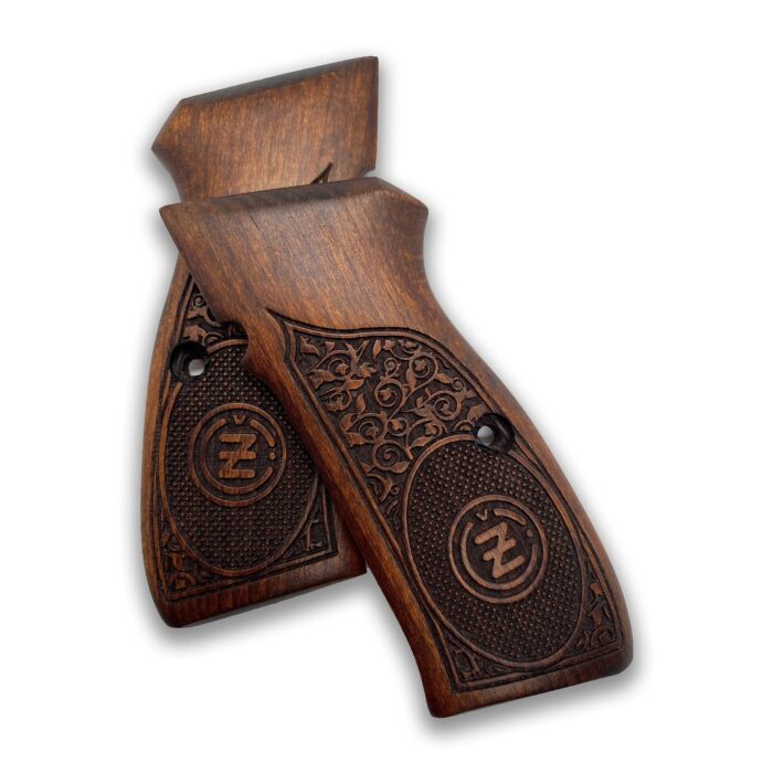Beech Wood Cz 75 Grips - Ornate Filigree With Stippled Emblem - Image 2