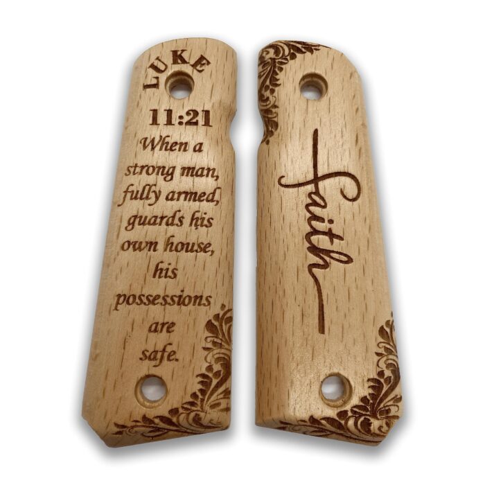 Symmetrical Floral Design With Luke 11:21 - Beech Wood 1911 Grips