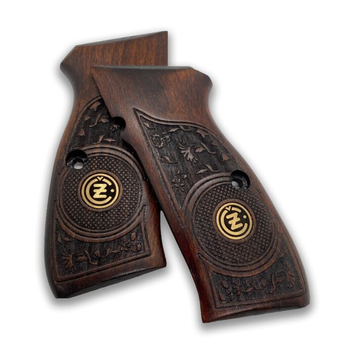 Beech Wood Cz 75 Grips - Ornate Floral With Stippled Emblems - Image 2