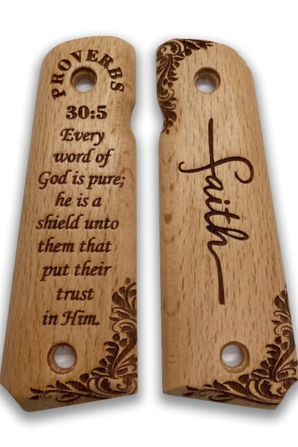 Ornamental Scrollwork with Proverbs 30:5 - Beech Wood 1911 Grips