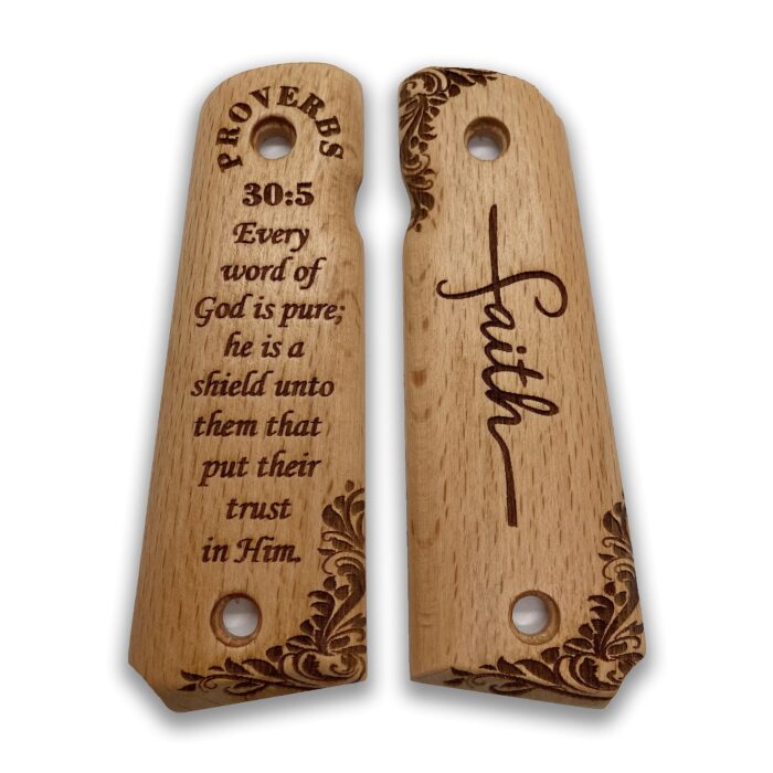 Ornamental Scrollwork With Proverbs 30:5 - Beech Wood 1911 Grips