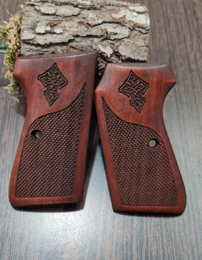 Beech Wood Beretta Grip For Beretta 51 52 - Checkered Grip With Embellished Cross - Image 2