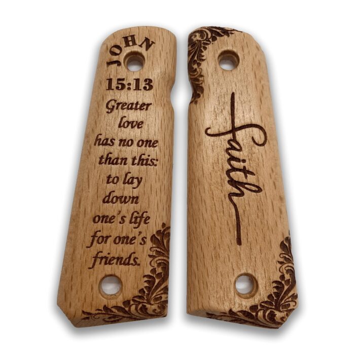 Floral Engraving With John 15:13 - Beech Wood 1911 Grips