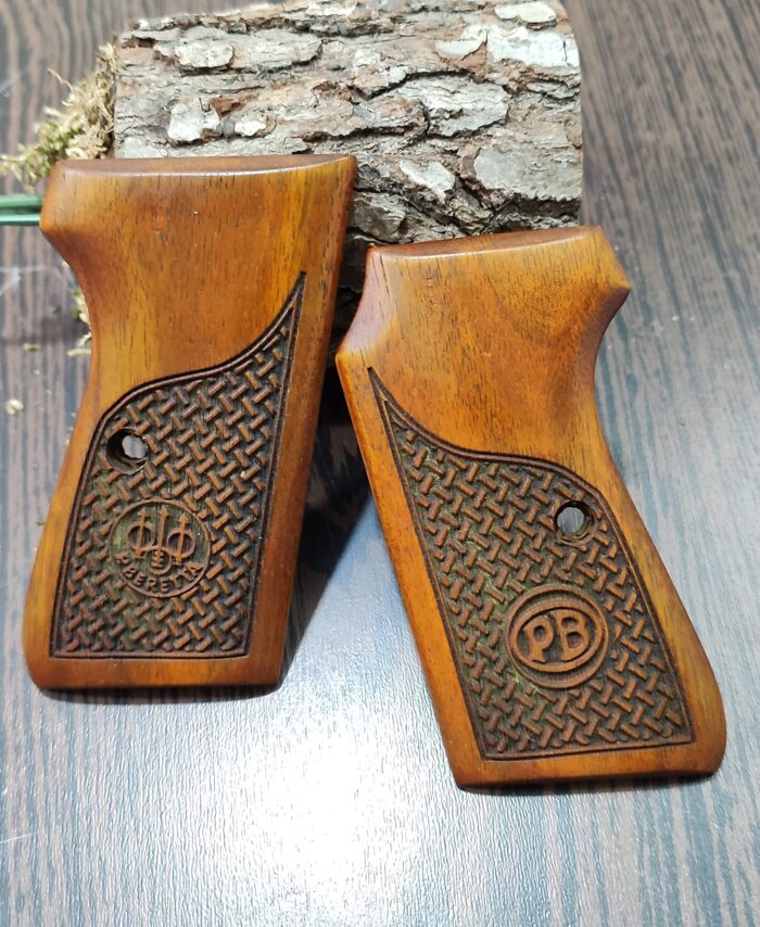 Beech Wood Beretta Grip For Beretta 51 52 - Crisscross Diamond Pattern With Emblem - Image 2